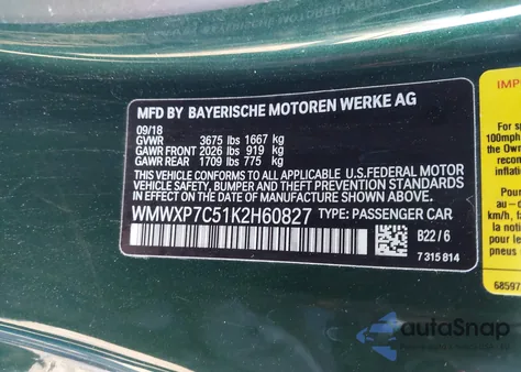 2019 Mini Hardtop Cooper S из США, поврежденный, VIN WMWXP7C51K2H60827